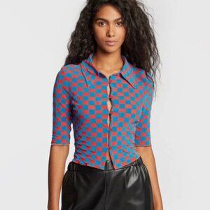 ROTATE Birger Christensen Miranda Red/Blue Mesh/Velvet Plaid CroppedShirt M $270